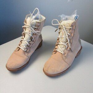 Sorel Women Boots Phoenix Short Lace Lux Ankle US 8 Beige Leather Lace Up 952